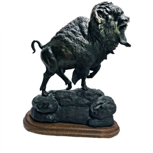 Bronze buffalo or bison sculpture by R. Rousu