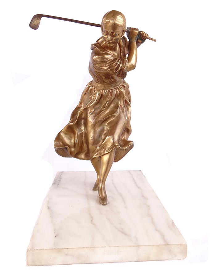 'A Gori' - bronze left-handed lady golfer sculpture now available for purchase at Sculpture Collector