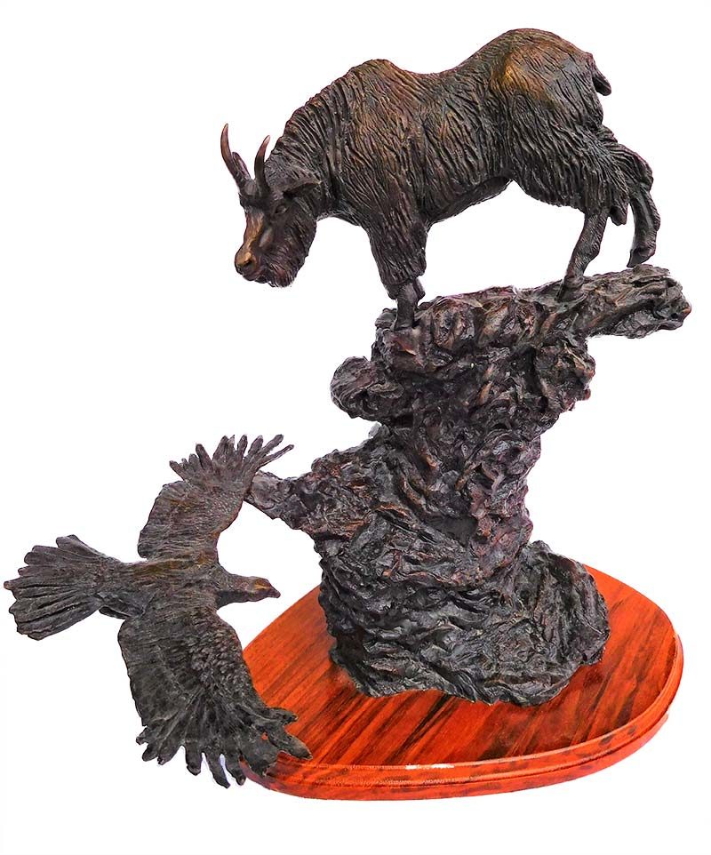 Ben France High in the Beartooths bronze sculpture of a goat and eagles available at Sculpture Collector