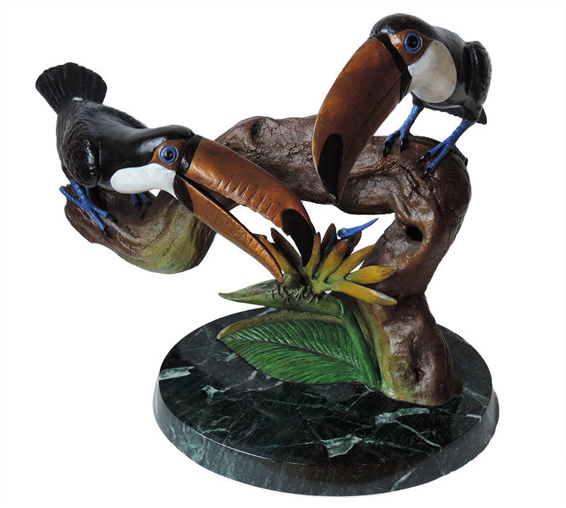 Bill Hunt Bronze Sculpture - Birds of Paradise - colorful toucan birds, smaller bird of paradise flower, 2 small frogs at Sculpture Collector