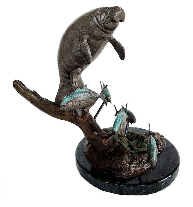 Bill Hunt Bronze Sculpture - Southern Siren - of a Manatee swimming with 5 Jack Crevalle fish now available at Sculpture Collector