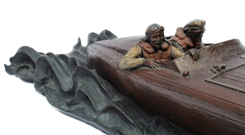 Jeff Decker Bronze Sculpture The Baby Bootlegger a 1924 World Cup race boat for sale now at Sculpture Collector