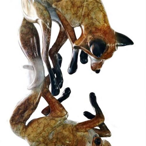 Jason Napier 'Fox Play' life-size bronze sculpture of foxes at play now available for purchase at Sculpture Collector