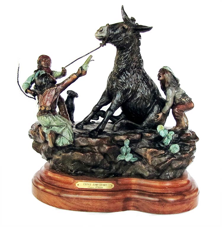 'Chinle Jump Start' A Famous Limited edition bronze Native American and burro sculpture by Susan Kliewer available now from Sculpture Collector