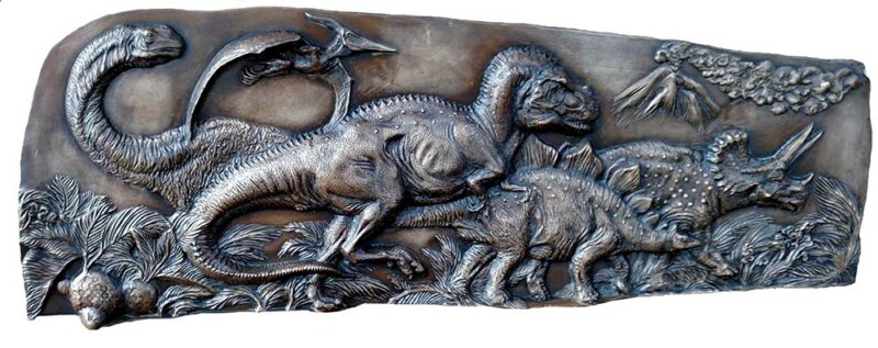 Dinosaurs on a bronze panel by John Bonnett Wexo