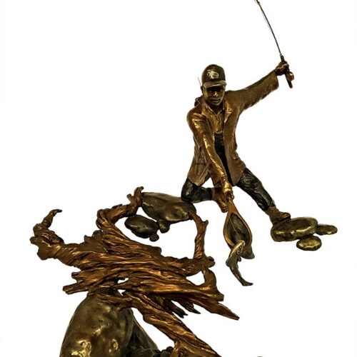 Landing  a Rainbow a limited edition bronze trout sculpture by Mark Hopkins