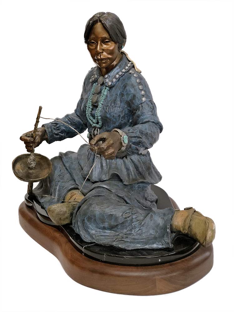 Lily the Basket Weaver a limited edition bronze Native American sculpture showcasing the weaving of a woman by Marie Barbera