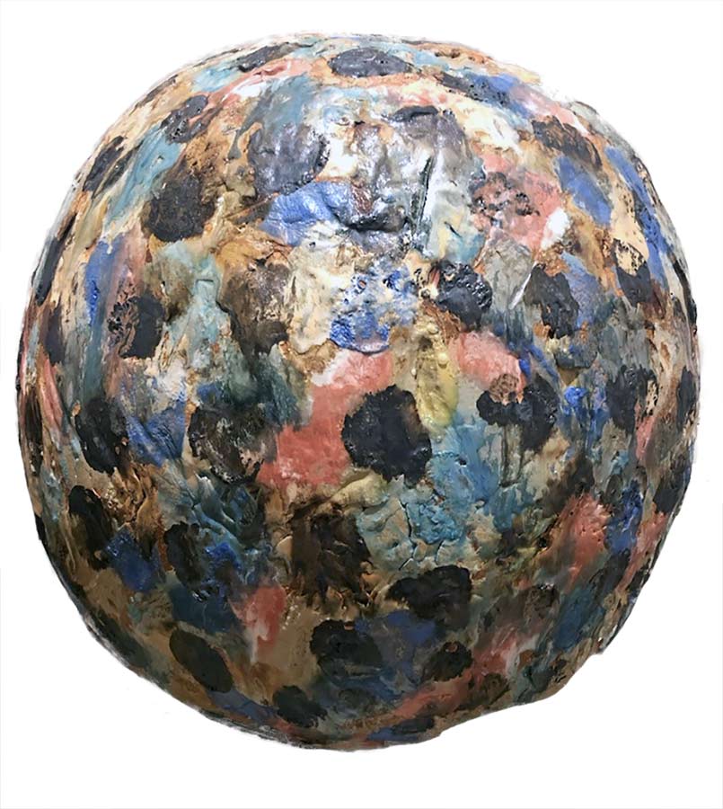 A Spotted Sphere with Multi-Colored Glazes created by Carol Fleming