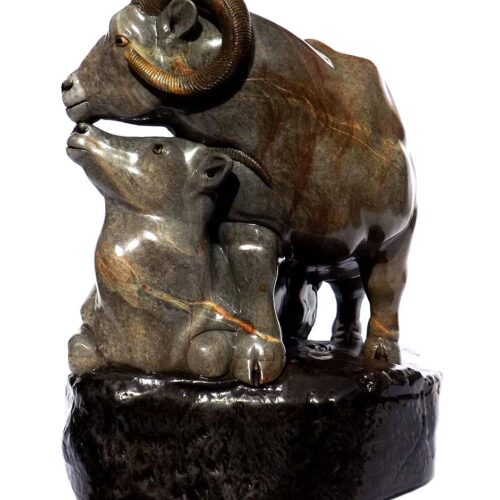 A Carved Stone Sculpture titled High Country Moment (Big Horn Sheep) by Gerald Sandau
