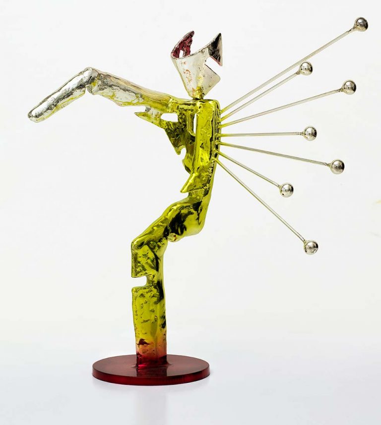 HomoDeus a bronze maquette-sized sculpture with chrome green/yellow patina in a limited edition by Nikolas