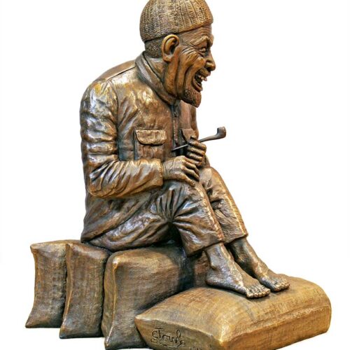 A Limited Edition Bronze Sculpture titled Old Asian Man Enjoying a Pipe by Chris Towle