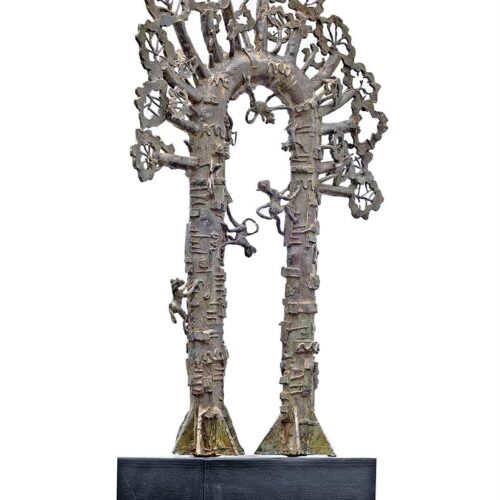 Tree with Monkeys a bronze sculpture by Avedananda Goswami