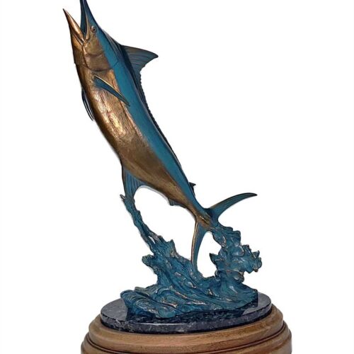 Bronze Blue Marlin sculpture titled "Flying Blue" by Kent Ullberg