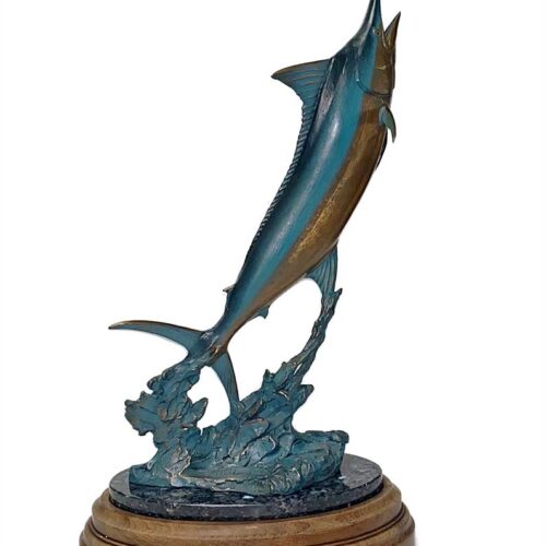 Bronze Blue Marlin sculpture titled “Flying Blue” by Kent Ullberg