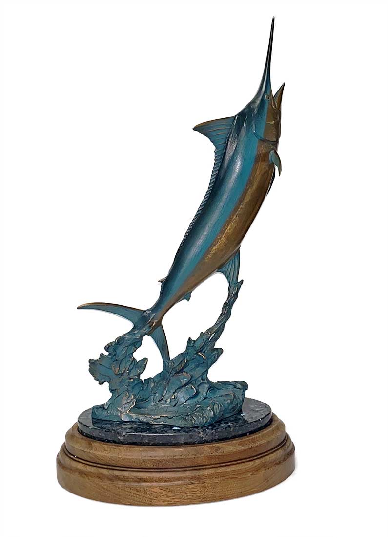 Bronze Blue Marlin sculpture titled "Flying Blue" by Kent Ullberg