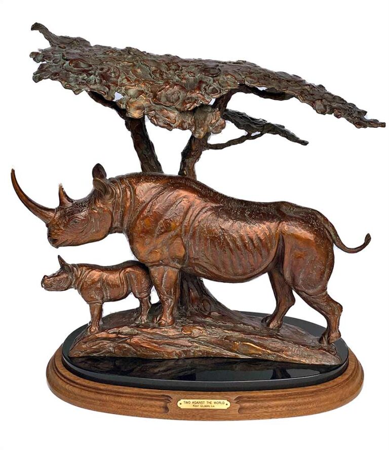 Rhinoceros sculpture in bronze Two Against the World by Kent Ullberg