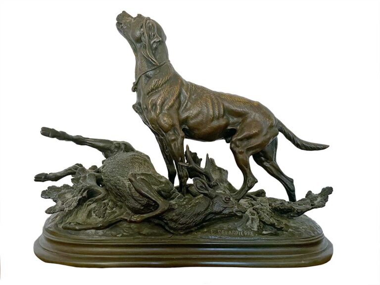 Paul-Édouard Delabrièrre the Dog and Deer (ttb) a bronze sculpture
