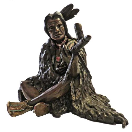 W. Cie Conway limited edition bronze sculpture The Offering of American Indian and Early Westbound Settler sharing a peace pipe.