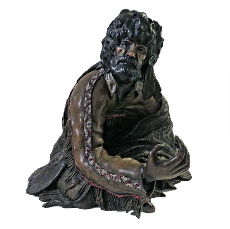 W. Cie Conway limited edition bronze sculpture The Offering of American Indian and Early Westbound Settler sharing a peace pipe.