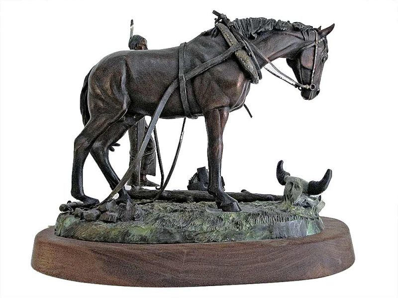 Ed Swena bronze Native American time sculpture creation titled 100 B.C. (Before Casinos)