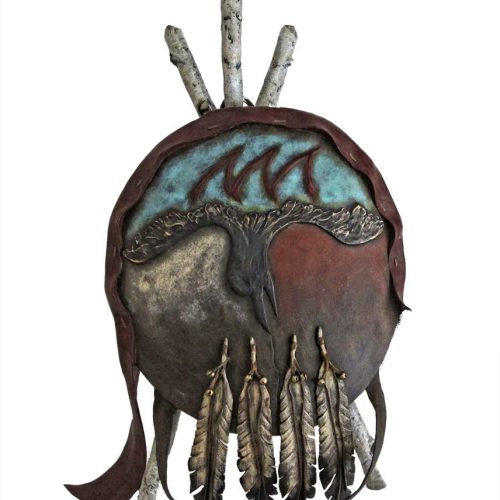 Ed Swena a noted sculptor artist of bronze sculpture of Native Americans of the Lakota Sioux and their warrior shield.