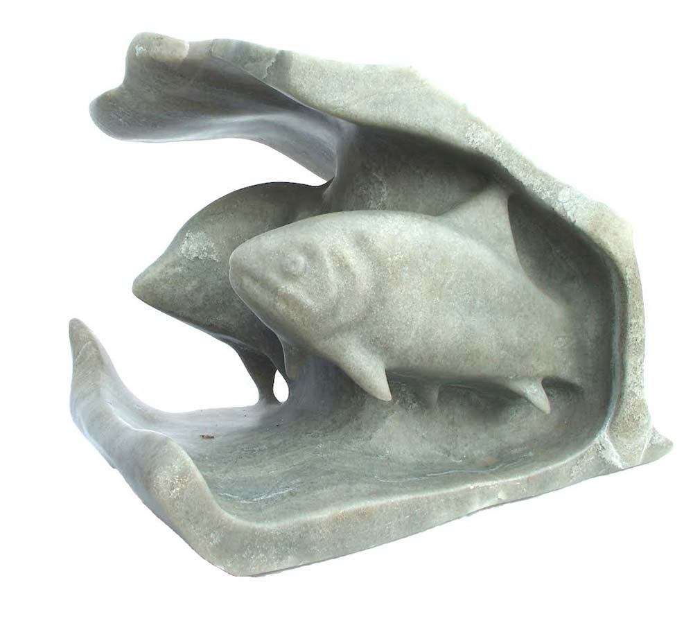 Lake Dwellers by Anna Lee Harris - Carved translucent silver Utah Alabaster with a Northwest theme of Trout and Crappie in their habitat
