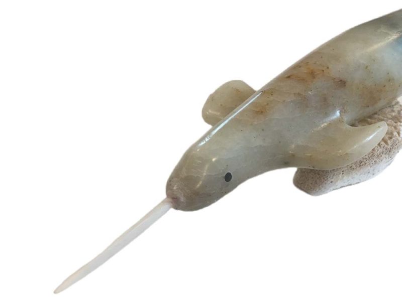 Narwhal a carved stone sculpture by important Inuit artist, Simeonie Amagoalik, of Resolute Bay, NWT (now Nunavut) CD.