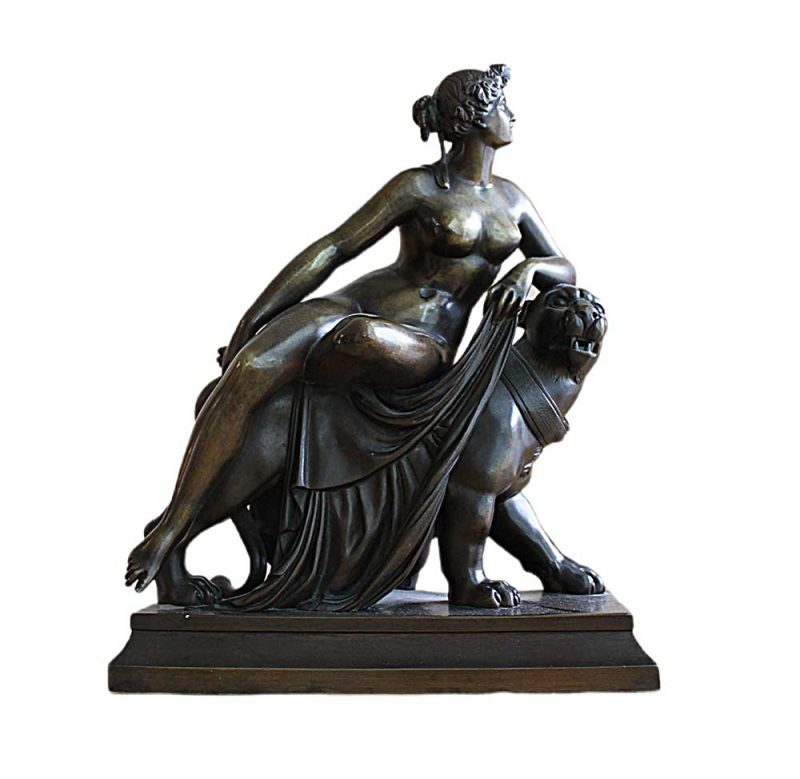 Woman on Lion an Art Nouveau bronze sculpture by noted French Sculptor Louis Kley