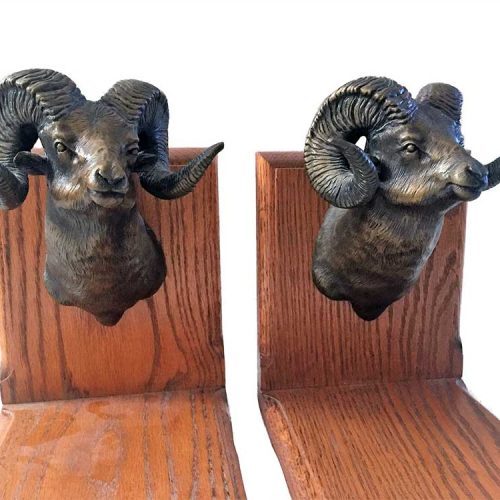 Bronze Ram Bust Bookends by noted wildlife sculptor-artist R. Rousu