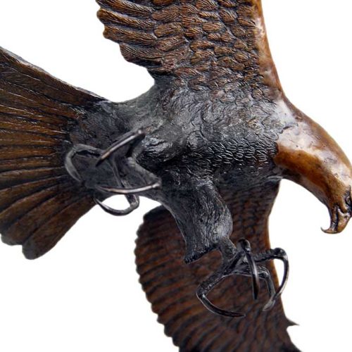 Eagle Descends on Rabbit Prey (TTB) a limited edition bronze Eagle sculpture by noted wildlife sculptor-artist R. Rousu