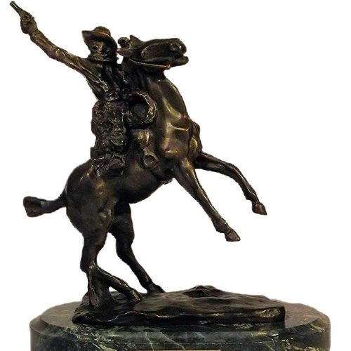 C. M. Russell inspired western bronze sculpture of a spirited horse and rider shooting a pistol titled Smokin' Up