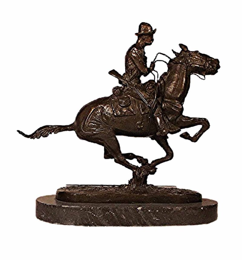 A nicely done Frederic Remington (restrike) bronze horse and Rider sculpture titled Trooper of the Plains