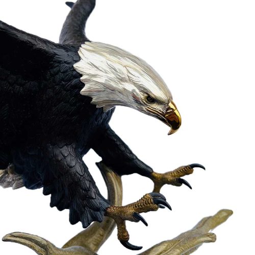 Bronze Eagle Sculpture "Pinpoint Landing" with Silver and 24K Gold featuring a Black Granite and Walnut Base by Mike Curtis a Limited Edition