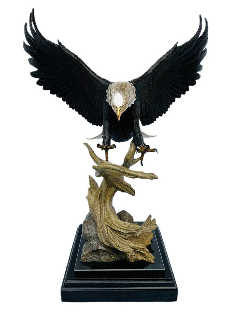 Bronze Eagle Sculpture "Pinpoint Landing" with Silver and 24K Gold featuring a Black Granite and Walnut Base by Mike Curtis a Limited Edition