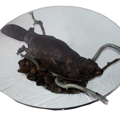 Life-size Beaver Glass Table with 2 camping scene bronze diorama type sculptures included with the Bronze Beaver Table. Created by pilot sculptor-artist Wayne Dowdy.