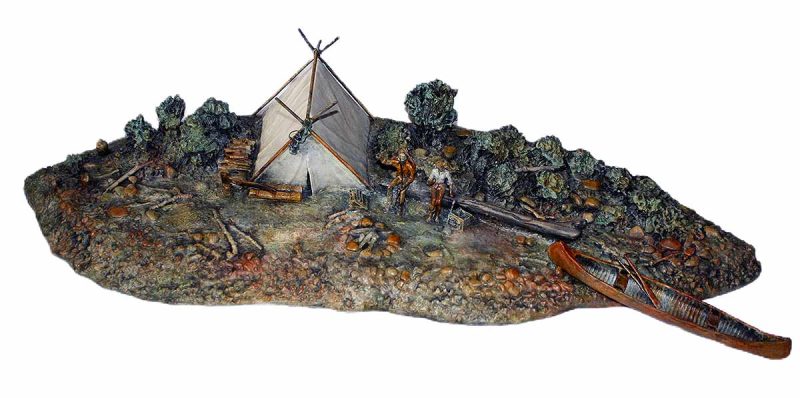 Shoreline camping diorama bronze sculpture diorama Beaver Table addition by Wayne Dowdy pilot-sculptor