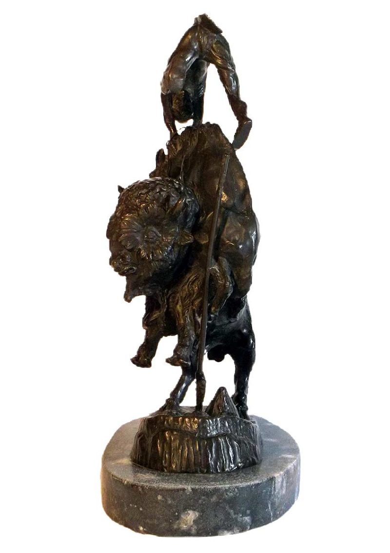A Frederic Remington (restrike) bronze Horse and Rider in conflict with  Buffalo - Buffalo Horse