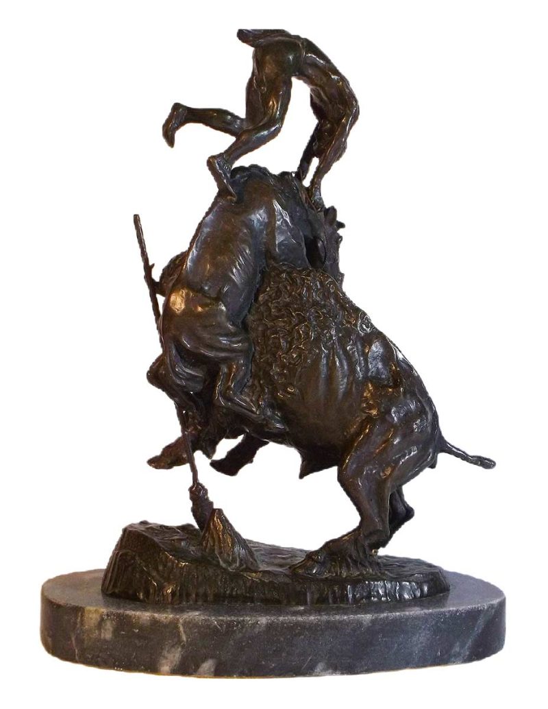 A Frederic Remington (restrike) bronze Horse and Rider in conflict with  Buffalo - Buffalo Horse