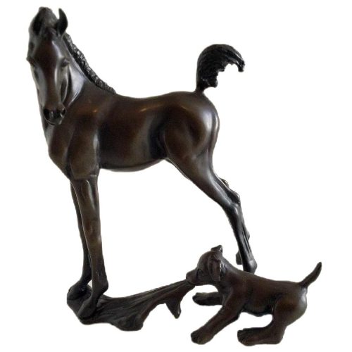 Fantasy 1X, a whimsically playful bronze Arabian equine sculpture with a dog playing tug of war by sculptor-artist Robert Larum