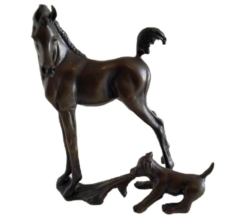 Fantasy 1X, a whimsically playful bronze Arabian equine sculpture with a dog playing tug of war by sculptor-artist Robert Larum