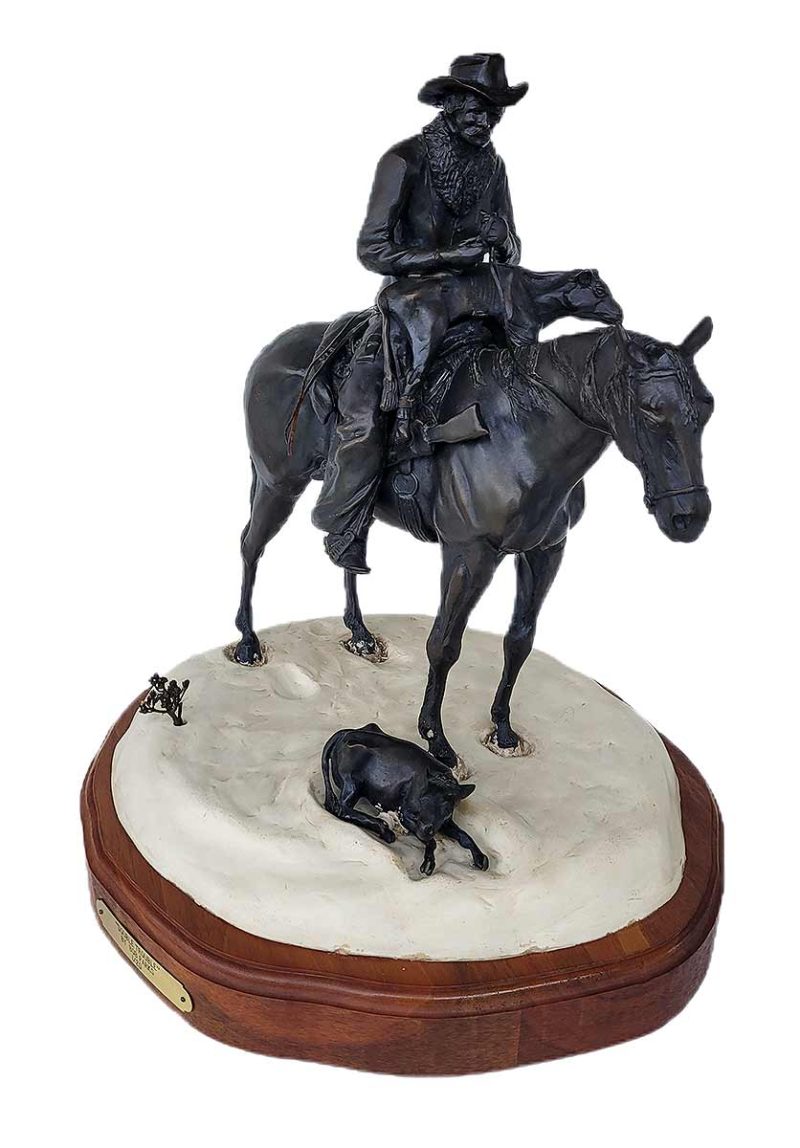 Double Trouble a limited edition bronze cattle rancher on horseback in the winter finding another calf needing rescue by noted sculptor-artist Bob Parks