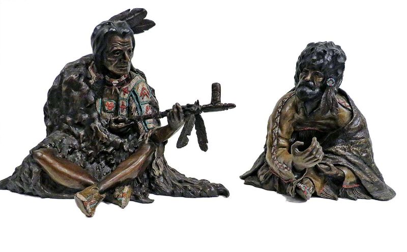 The Offering a limited edition bronze Native American offering a peace pipe to an American Settler by W. Cie Conway