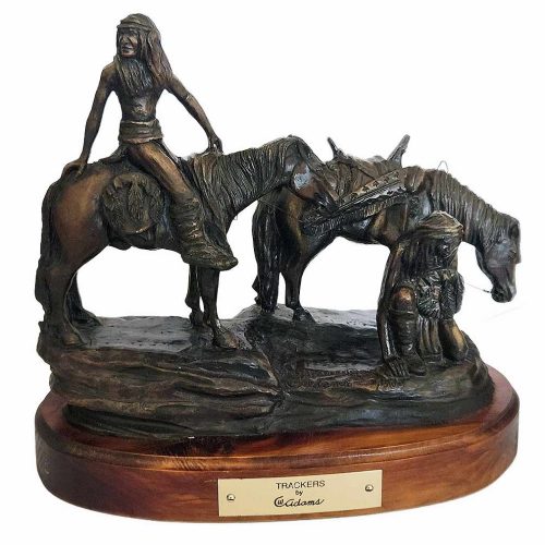 This is a bronze sculpture by CW Adams of female and male Indians and their horses. Available now from SculptureCoillector.com where unique, rare and not so rare creative sculpture is brokered, sold, resold and purchased in a secure and private manner worldwide.