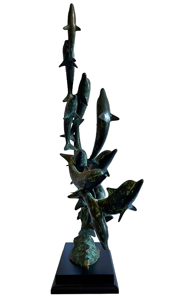 SPI San Pacific International "15 Dolphin's Rising" (ttb) title a limited edition bronze sculpture of a Pod of Dolphins available for acquisition at SculptureCollector.com
