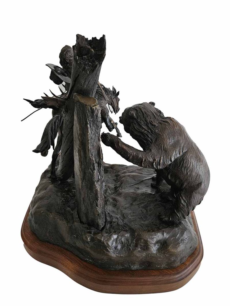 Dispute On The Trail a rare limited edition bronze sculpture of a horse and rider confronting a Bear on the trail  by noted sculptor-artist Bob Parks.