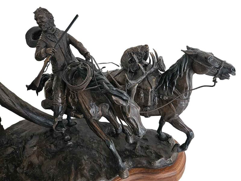 Dispute On The Trail a rare limited edition bronze sculpture of a horse and rider confronting a Bear on the trail  by noted sculptor-artist Bob Parks.