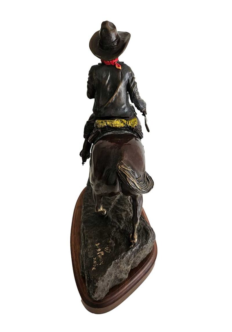 Judge & Jury is a rare limited edition bronze sculpture of a Cowboy out hunting on his horse with his rifle by noted sculptor-artist Bob Parks.