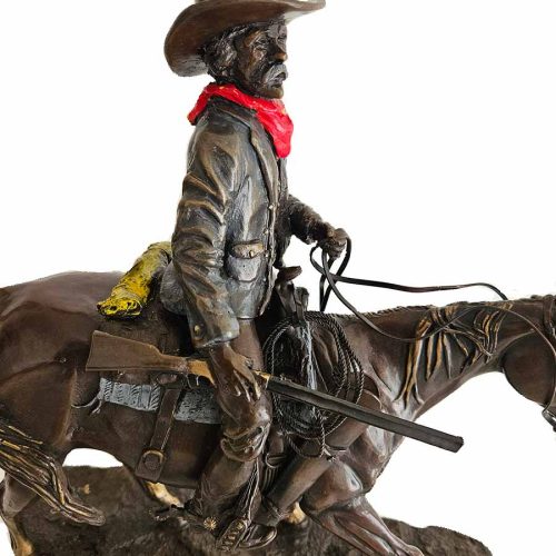 Judge & Jury is a rare limited edition bronze sculpture of a Cowboy out hunting on his horse with his rifle by noted sculptor-artist Bob Parks.