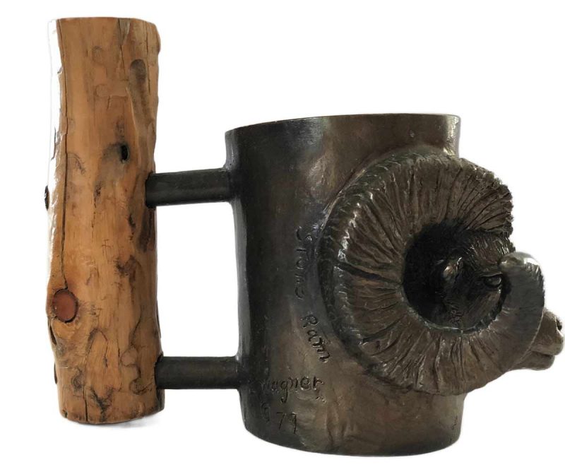 A limited edition bronze Bighorn Ram Mug by noted wildlife sculptor artist Carl Wagner