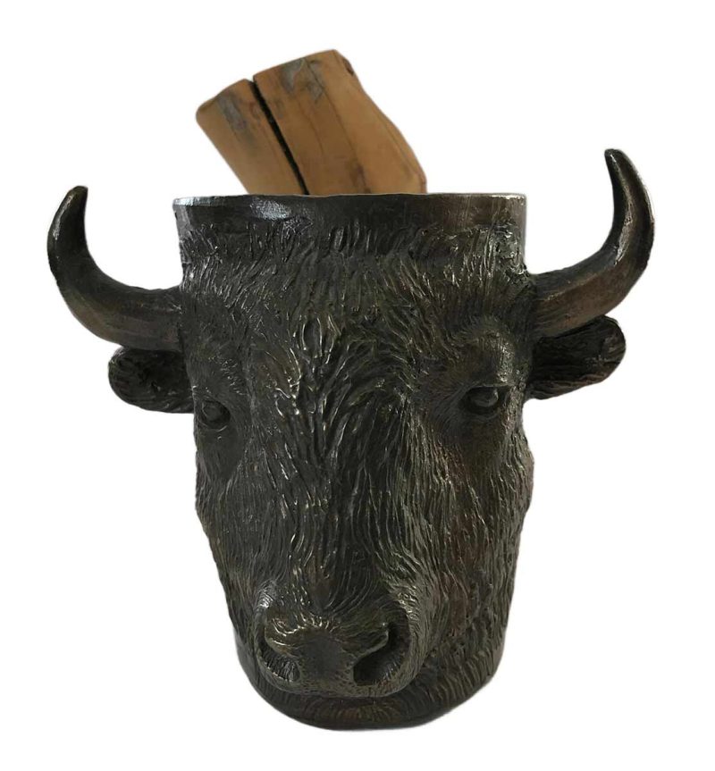 A limited edition bronze Buffalo Mug by noted wildlife sculptor artist Carl Wagner